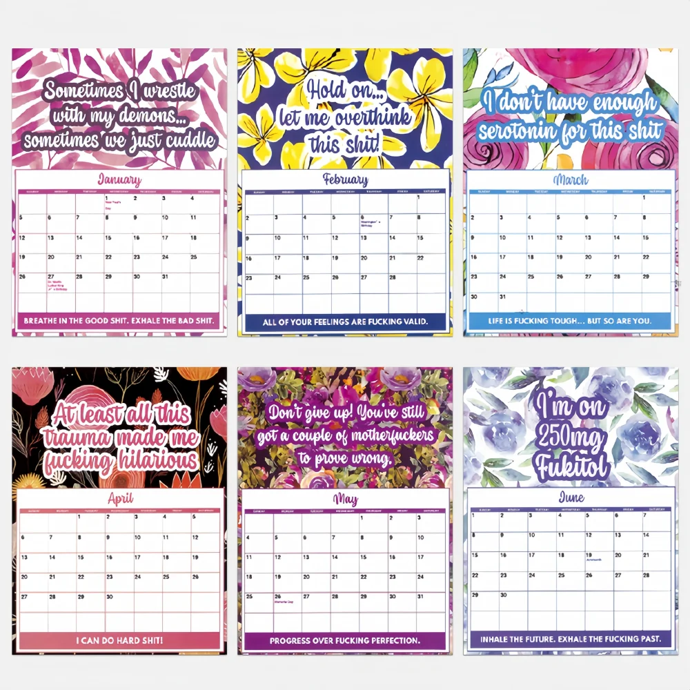 1pc 2025 Creative floral pattern design wall calendar/calendar, motivational language design, 12-month non-duplicate pattern