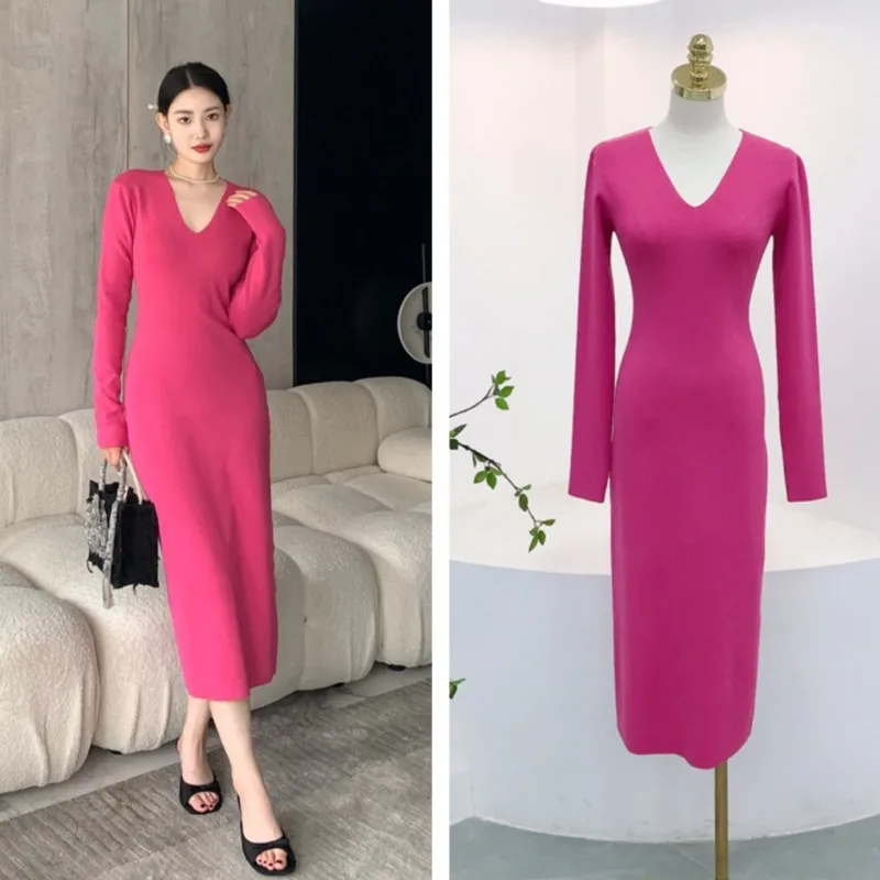 

Solid Color Basic Simple Knitting Long Dress New V-neck Slim Fashion Autumn Women's Dress Sexy Chic Tight Female Winter Vestidos