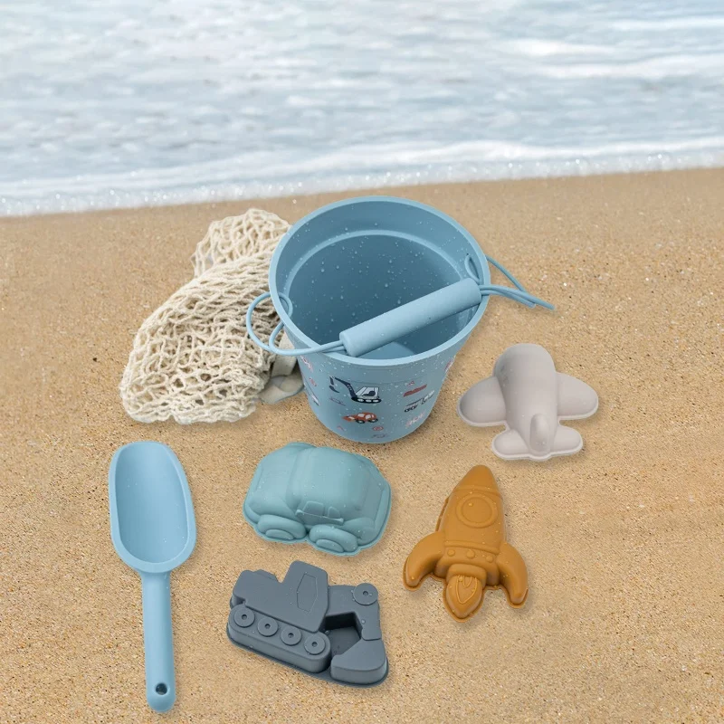 2024 New 6pcs/Set Beach Toys Eco-Friendly Food-Grade Silicone-Fun Summer Outdoor Toys for Kids with Bucket & 5 Color Sand gifts