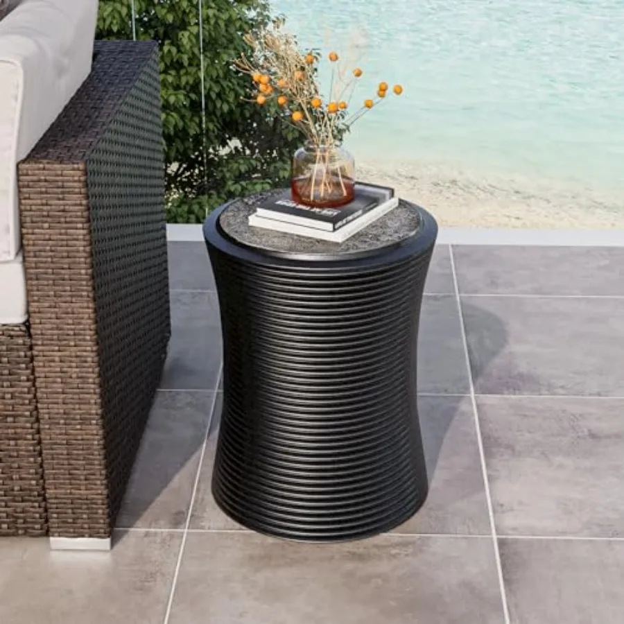 

Outdoor Side Table Black, Round MgO Concrete Side Table, Lightweight Outdoor Accent Table with Faux Natural Slate Rock, Cylinde