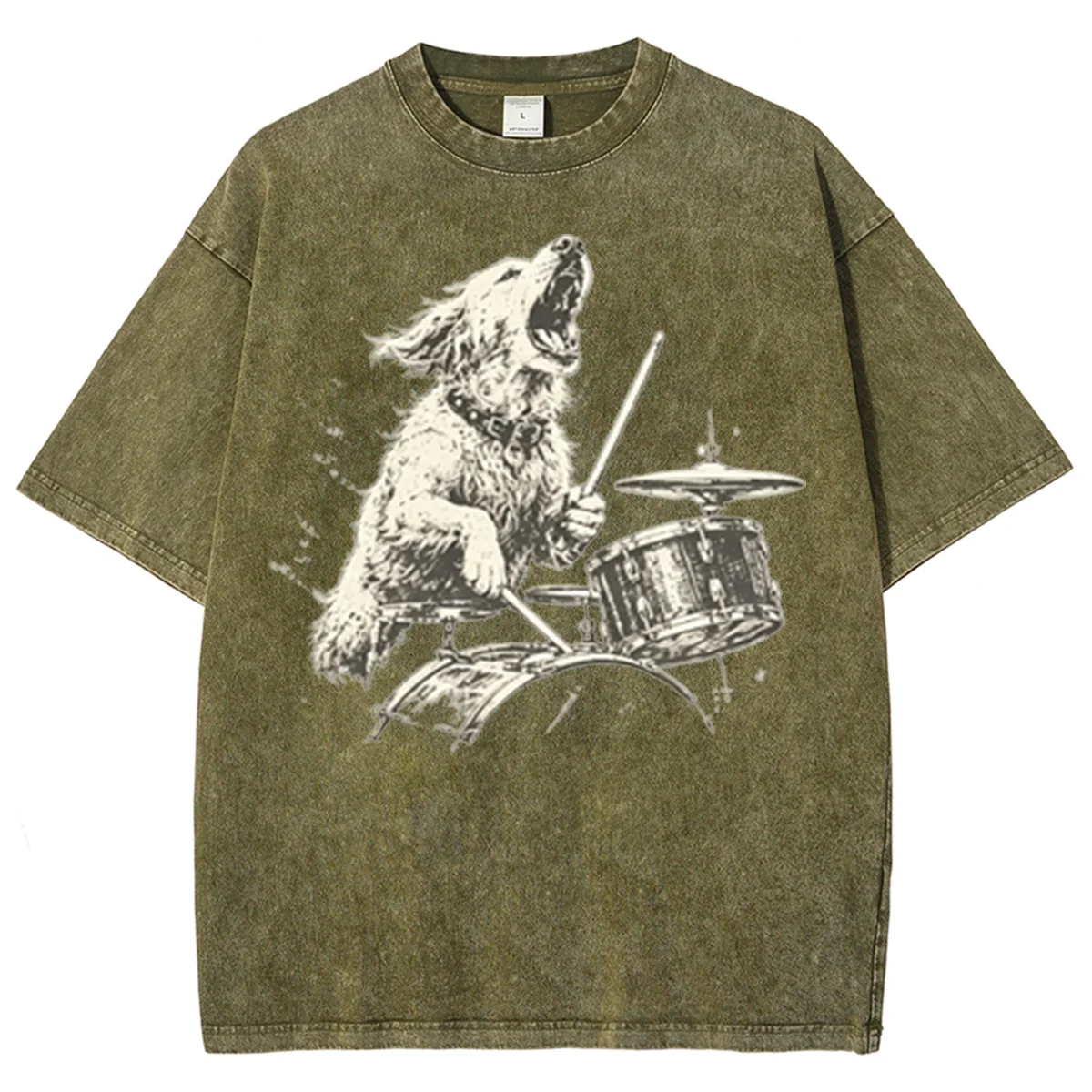 Vintage Rock Music Graphic Tee Excited Drummer Golden Retriever Dog Playing Drums Print Funny Pet Musician Casual Unisex Tee