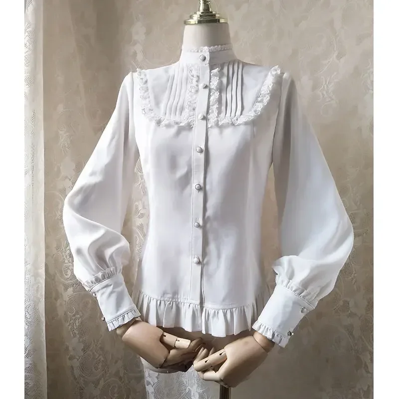 Camicetta Lolita da donna dolce camicia abbottonata con maniche lunghe a lanterna Vintage rosa arruffata