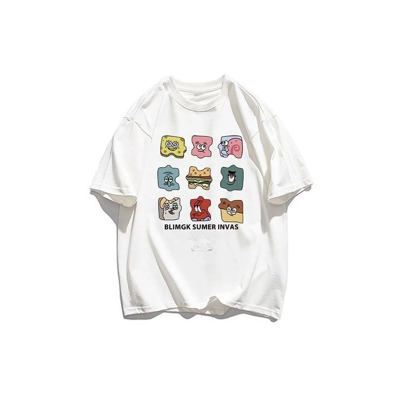 プラスサイズの新しいスポンジボブスクエアパンツ漫画グッズクリエイティブナイングリッドレディースTシャツルーズフィットカジュアル半袖トップ