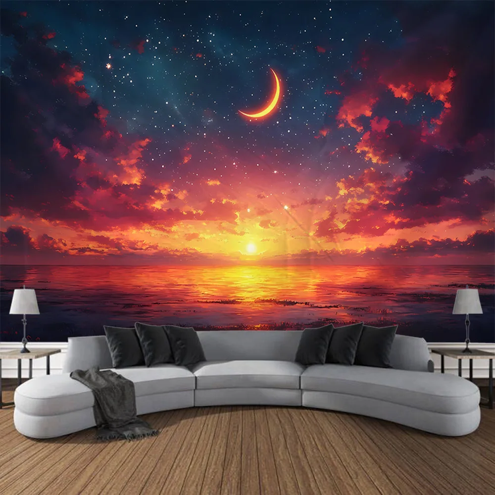 Starry sky, bright moon, night wall decoration, tapestry, home wall hanging, cartoon, hippie, psychedelic art background poster