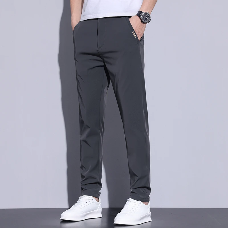 Картина 6: Брюки мужские тонкие прямые повседневные, облегающие эластичные штаны, однотонные брендовая одежда кофейного цвета, лето 2024