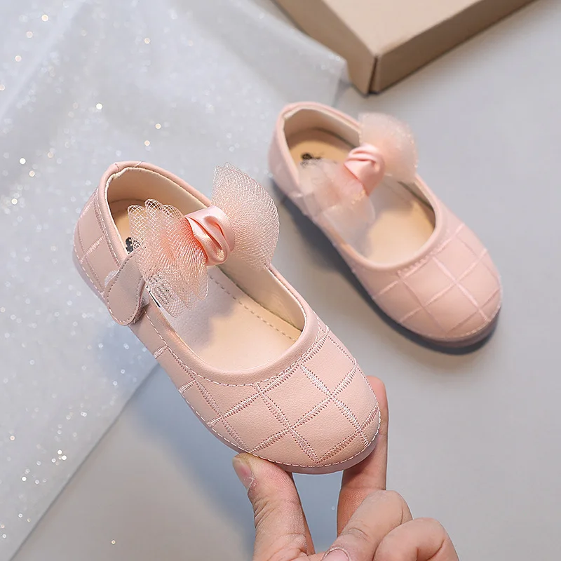Korean Style Kids Solid Color Embroidered Leather Shoes Girls Big Bow Mesh Flower Princess Flat Dance Shoes