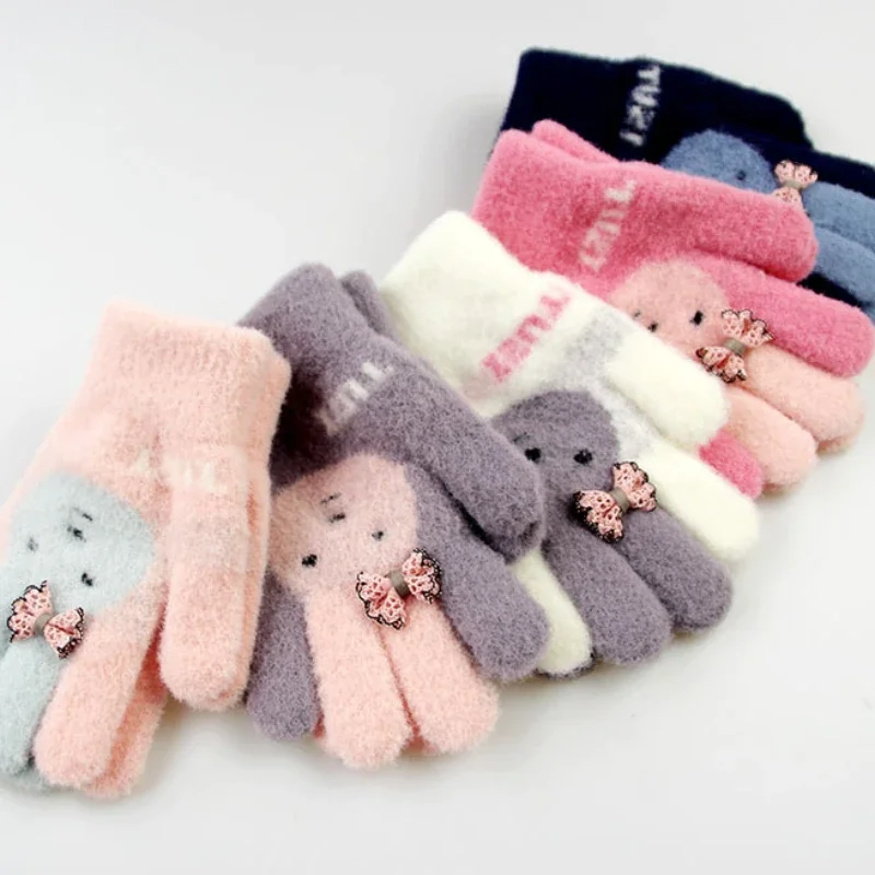 Children's Winter Gloves 3-6 Year Old Outdoor Split Finger Rabbit Bow Cute Cartoon Winter Plush Warm and Cold Resistant Mittens