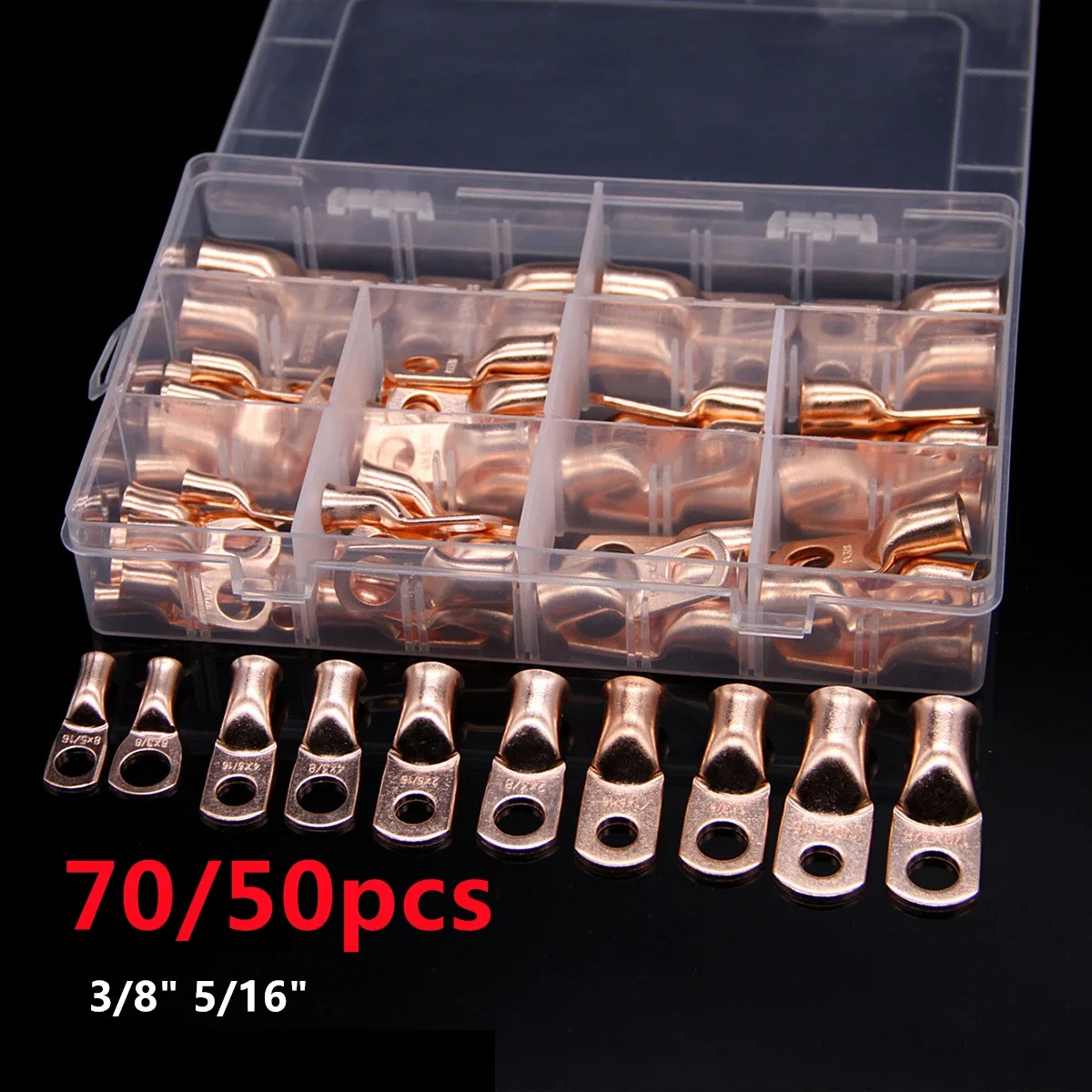 70/50/30PCS 8 4 2 0/1 AWG Bare Copper Ring Lugs Battery Crimp Terminals Electrical Wire Cable Connectors Kit Assortment