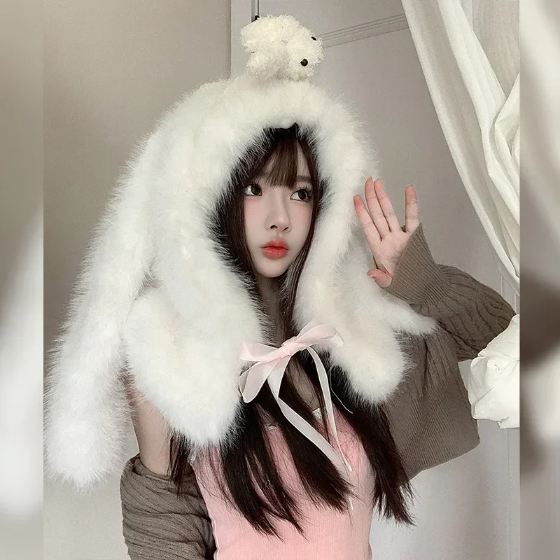 Women\'s Fur Balaclava Hat Cute Rabbit Ears Plush Hat Winter Warm Thickened Anti-cold Scarf One Three-dimensional Doll Cap