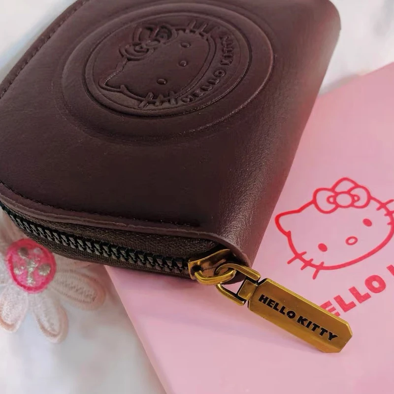 Vintage Leather Brown Hello Kitty Card Holder Fashion Japanese Girl Portable Bank Card Storage Bag Decoration Birthday Gift