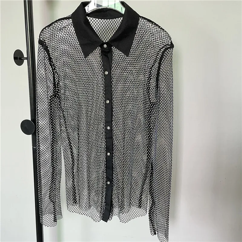 Shiny Diamonds Beading Hollow Out Blouse Shirt Temperament Slim Crystal Turn-down Collar Long-Sleeved Sexy Party Club Top Blouse