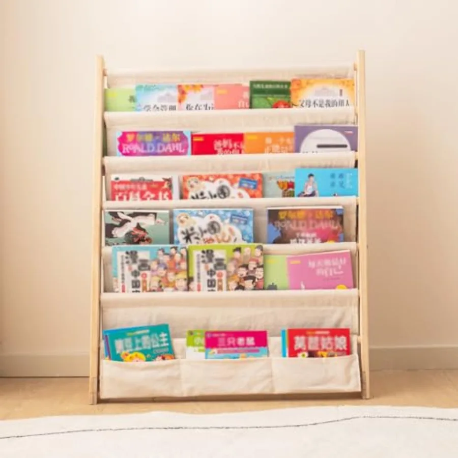 6Tier Wooden Bookshelf for with Natural Finish Ideal for Bedroom Living Room and Playroom Storage Organizer Canvas Book Rack fo