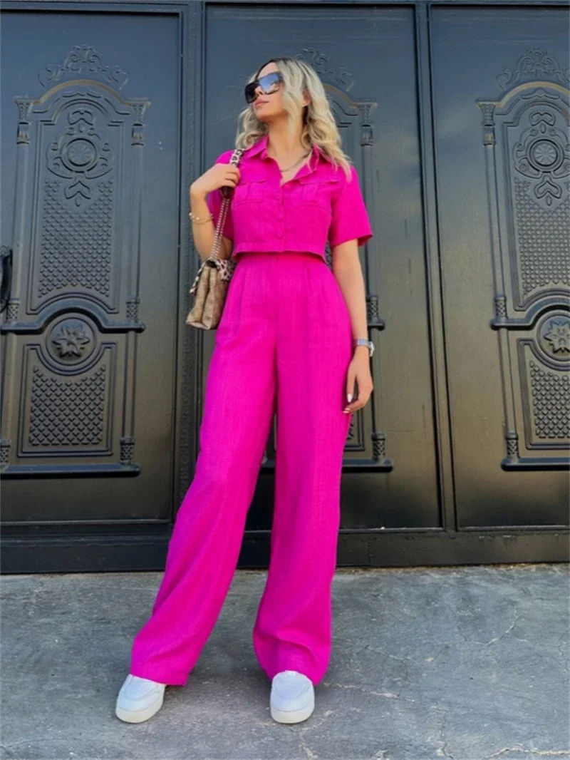 여성용 반팔 셔츠 상의 및 바지 세트, 캐주얼 운동복 세트, 패션 2 피스 세트, 2024 여름 의류