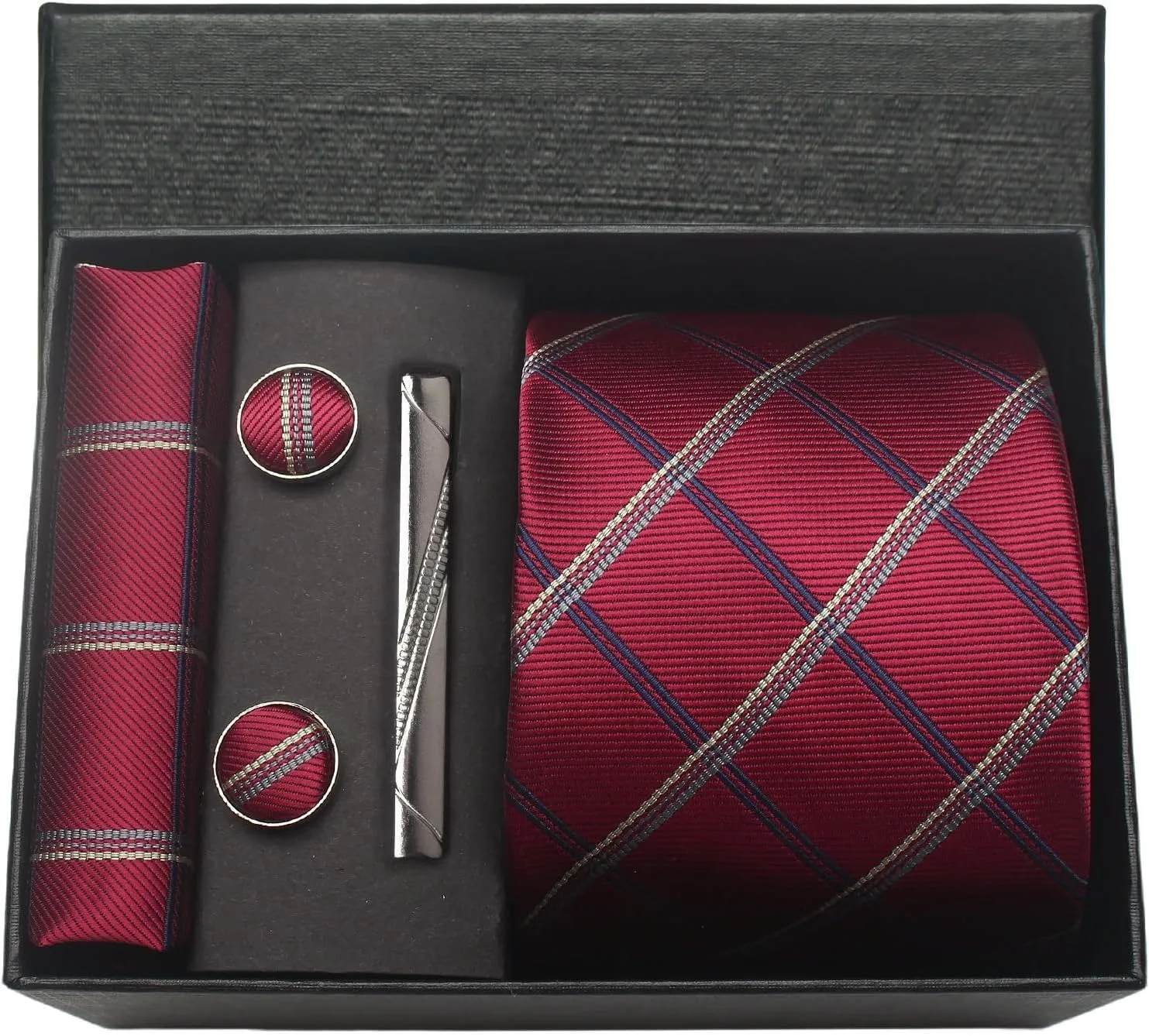 Cravatte classiche da uomo in seta 100% in confezione regalo 8 cm Plaid a pois a righe Cravatta da lavoro Fazzoletto Gemelli Set di cravatte per festa di nozze