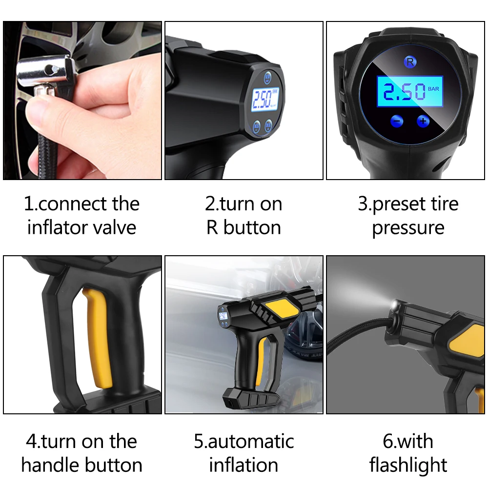 Digital Tire Air Pump With LED Flashlight Tire Pressure Test 120W Car Air Compressor Cordless Inflator