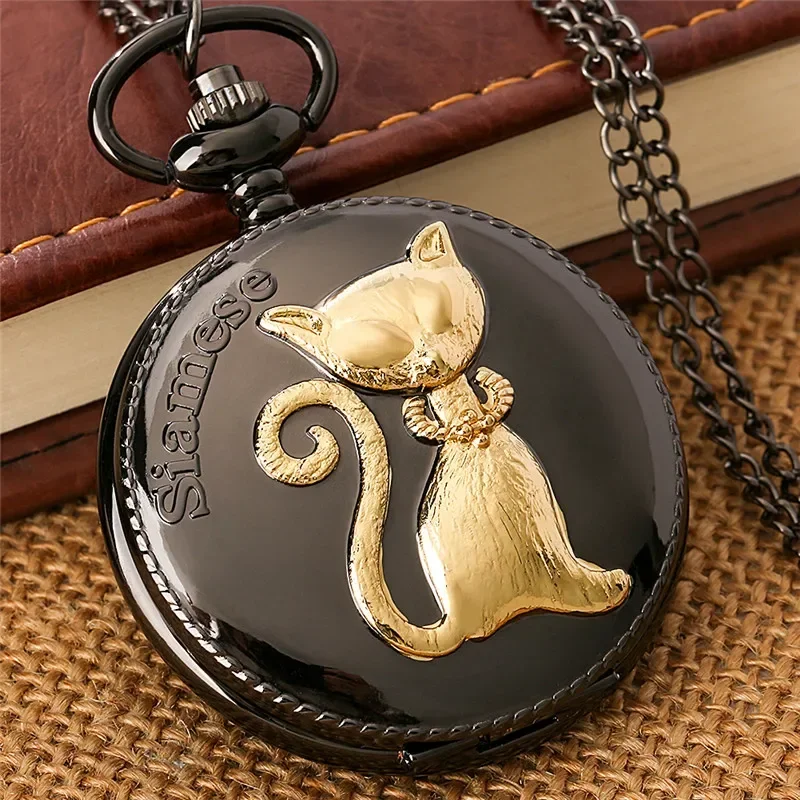 

Steampunk Carved Golden Siamese Cat Design Watch Lovely Animal Quartz Pocket Watch for Men Women Necklace Pendant Chain Gift
