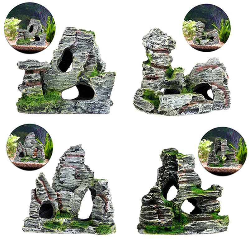 1PC Living Room Resin Aquarium Rockery Artificial Moss Hiding Cave Mountain View Underwater Fish Tank Ornament Landscaping Craft