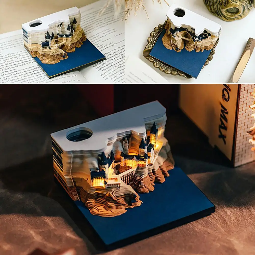 3D Paper Craft Notepad com Luz, Castelo Mágico, Calendário Semanal, Memo Note, Presentes Criativos, Acessórios de Papelaria, 2024