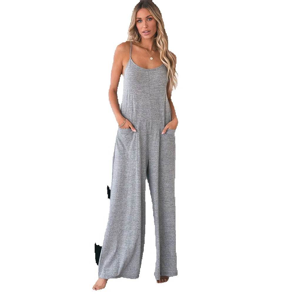 

New Summer Thin Wide Leg Pants Women's Solid Strap Jumpsuit Casual