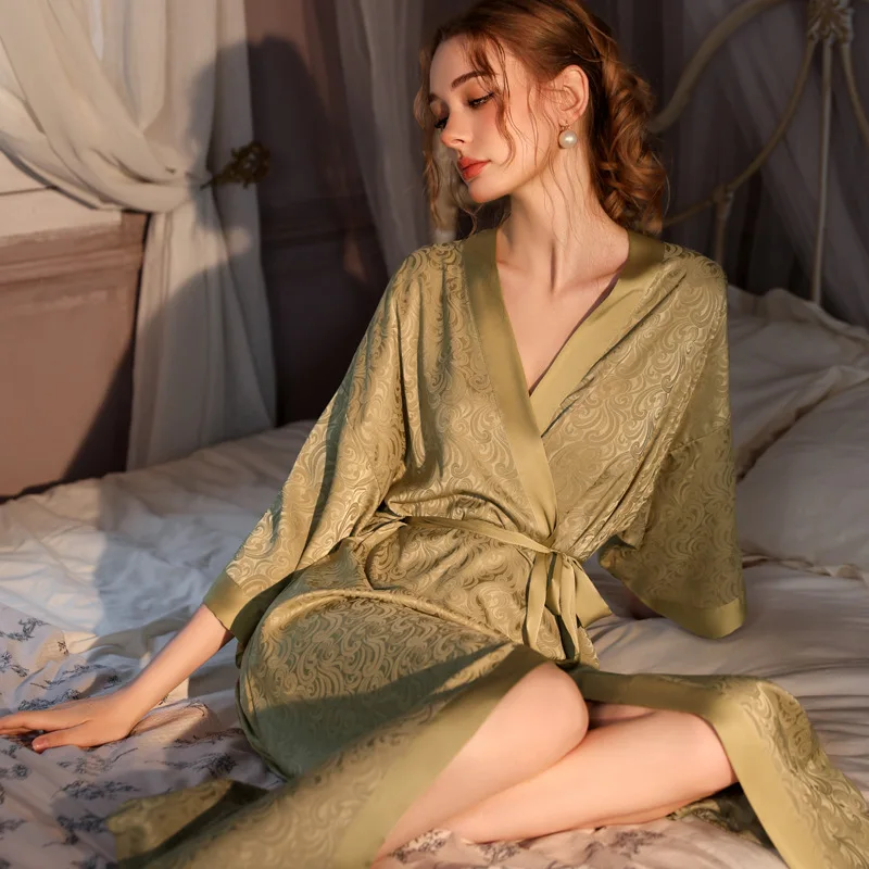 2025 All Season Jacquard One Piece Women Pajamas Spring Autumn Long Bathrobe Ice Silk Luxury Satin Homewear Nightgown Sleepwear