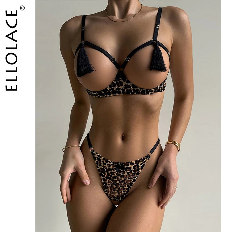 

Ellolace Leopard Lingeries Sexy Hot Tempted Bra Thong 2PC Set Wildness Tassels Decor Intimate Hollow Breast Open Crotch Kit