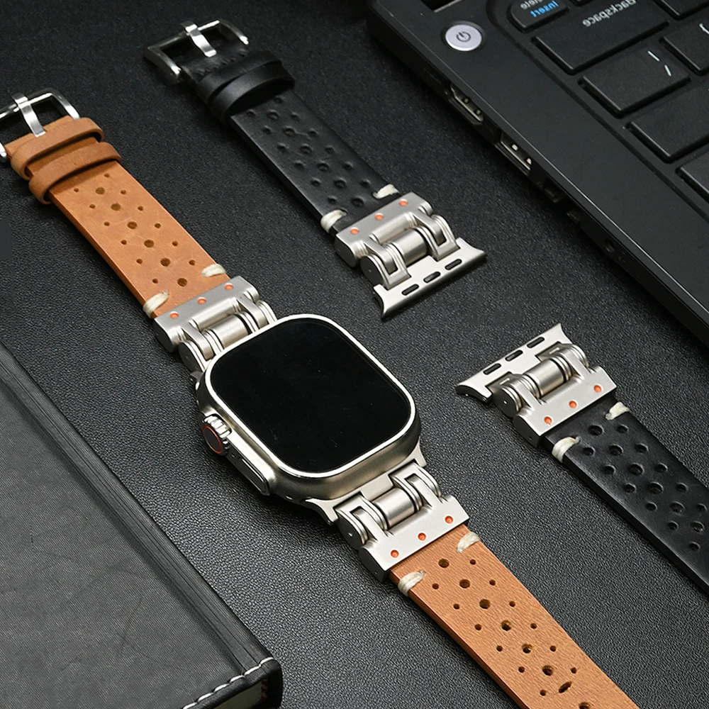 Leather strap for Apple Watch Ultra 2 49mm Series 9 7 8 45mm 44mm 42mm Band Men Luxury Bracelet for iWatch ultra 49 9 6 5 4 Se 3