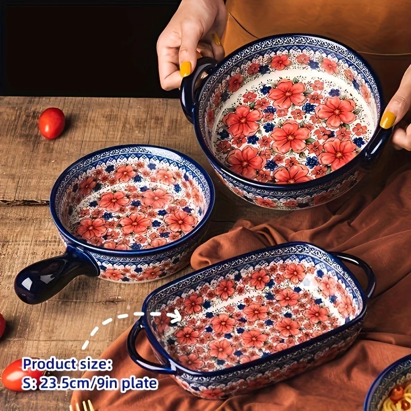 Practical Ceramic Oven Trays, with Handles And Hand-Painted Floral Designs, Suitable for Various Cooking Needs, Perfect for Dail