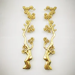 235mm Super Length Brass Plum Blossom Handmade Cabinet Door Handle Pure Copper Retro Wardrobe Knob Handles Furniture Pulls Diy