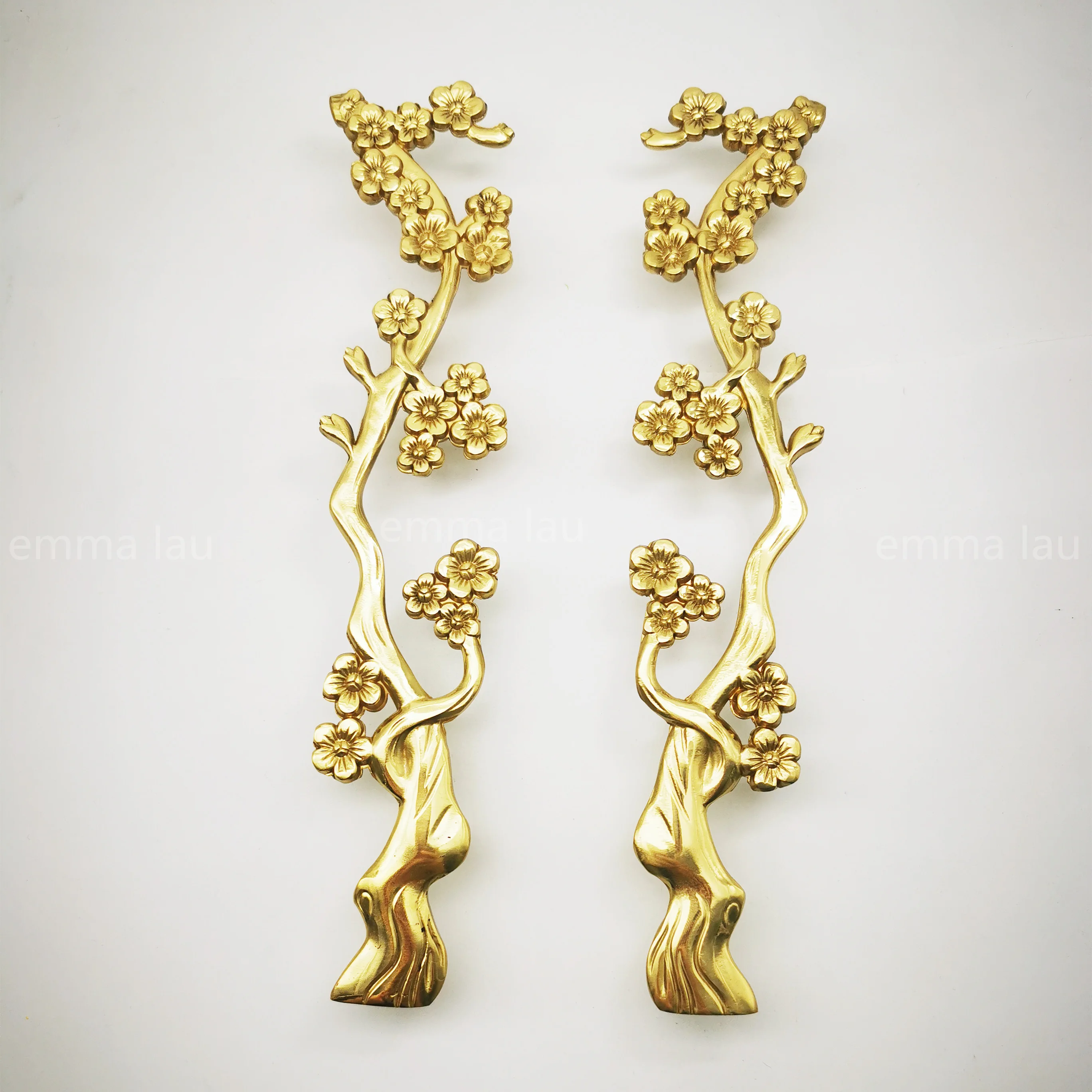 235mm Super Length Brass Plum Blossom Handmade Cabinet Door Handle Pure Copper Retro Wardrobe Knob Handles Furniture Pulls Diy