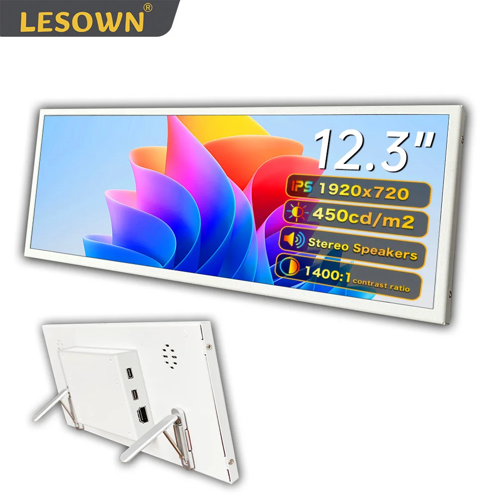 

LESOWN 12,3-дюймовый IPS сенсорный монитор 1920x720 белый/черный растянутый панельный дисплей 80% NTSC портативный вторичный экран для ПК