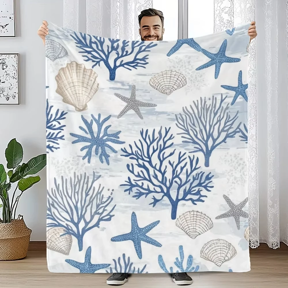 

VIKAMA Ocean Inspired Coral Starfish Shell Print Throw Blanket Warm Sofa Bedroom Nap Blanket Ins-Style Home Throw Blanket