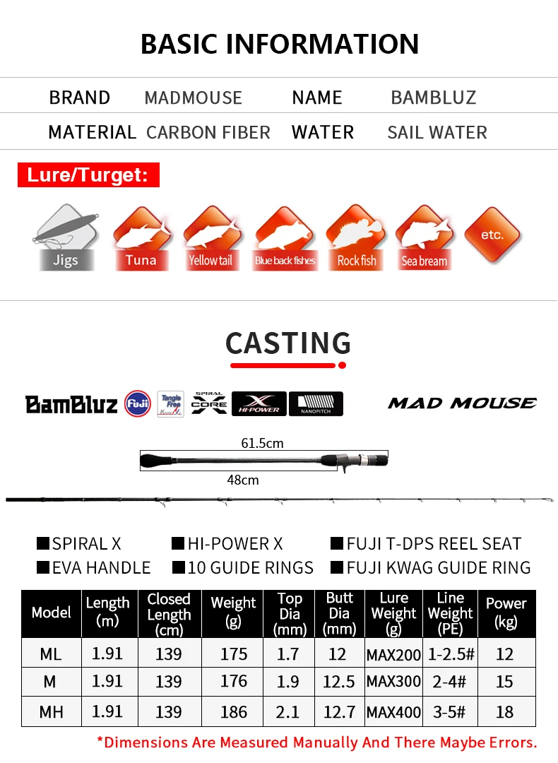 MADMOUSE BamBluz Japan Full Fuji 1.9M Slow Jigging Rod Cross Carbon Ocean Boat Rod for ML/MH/MH Casting and Shipping