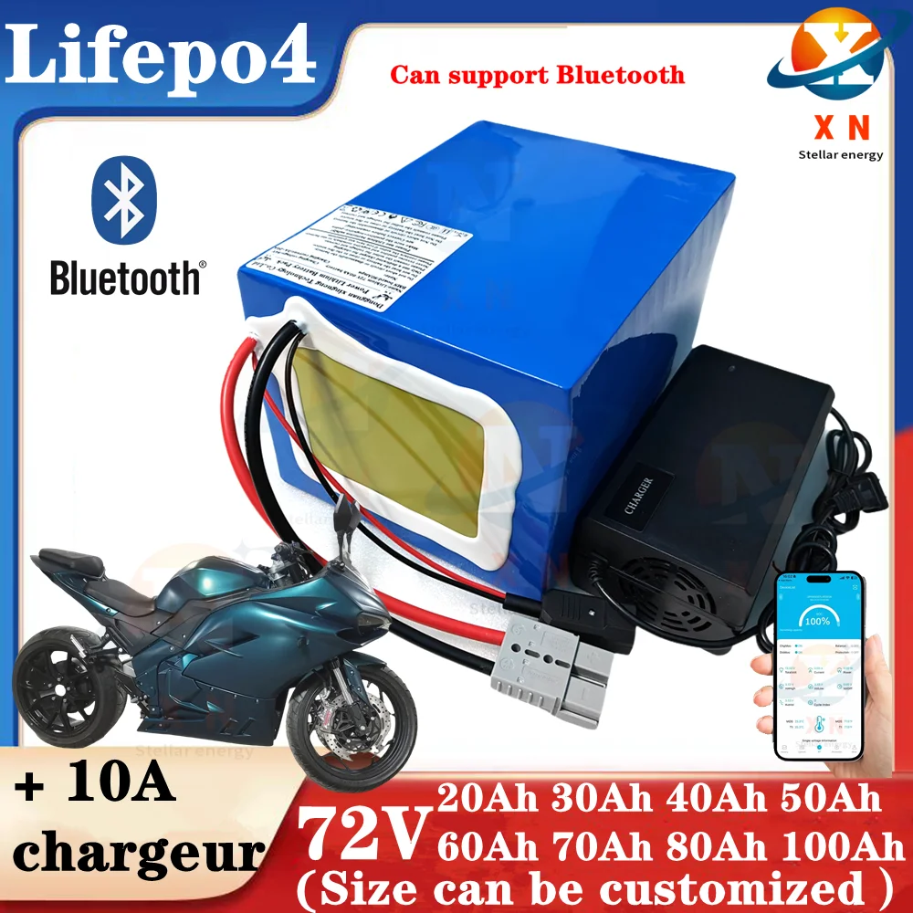 

Batterie au lithium LiFePO4 avec chargeur, Bluetooth, BMS, 72V, 50Ah, 60Ah, 30Ah, 72V, 40Ah, 100Ah, 80Ah, 5000W, scooter, vélo é