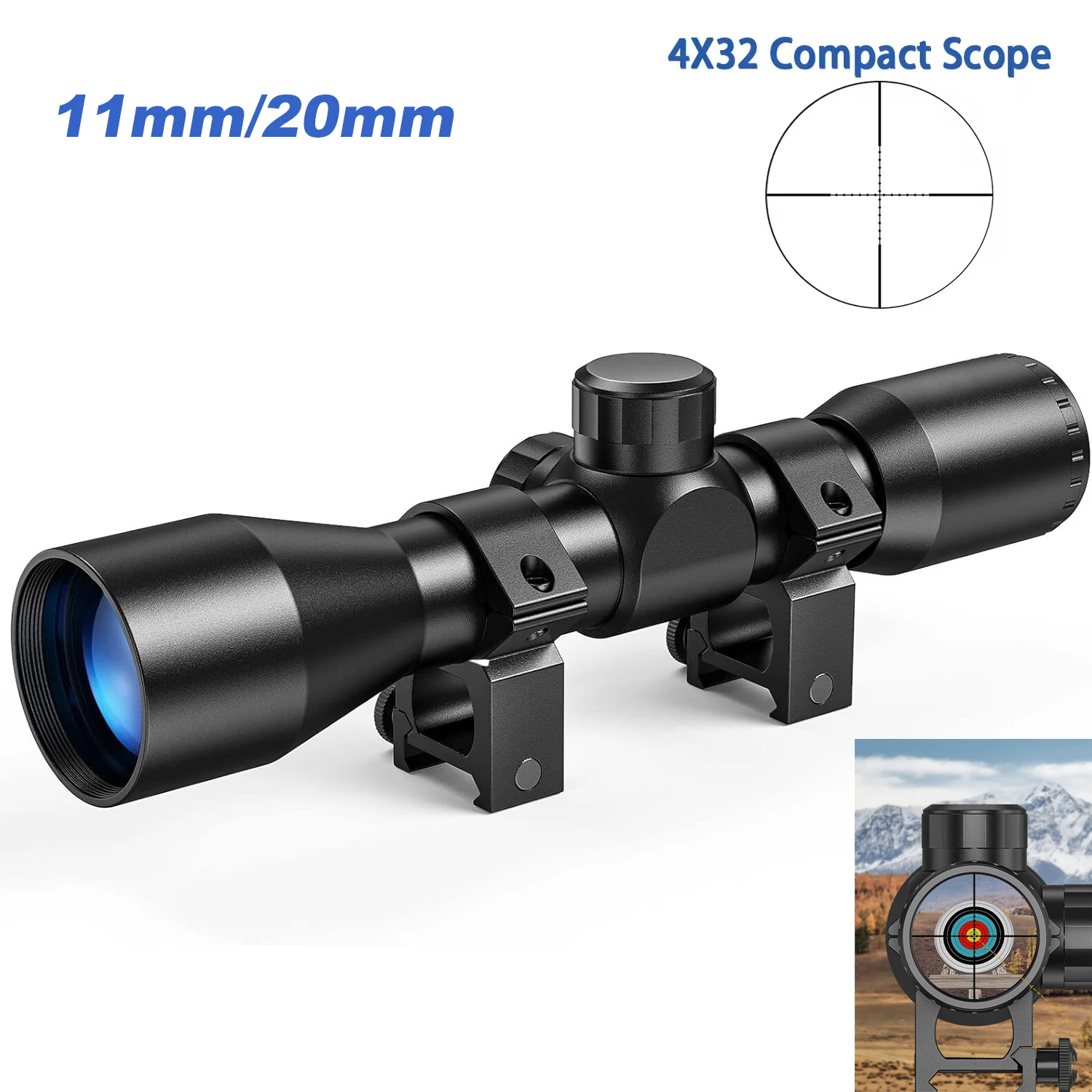 Mira telescópica para Rifle 4X32 con adaptador de montaje de 11mm/20mm, retícula cruzada, mira telescópica táctica, óptica, colimador de mira