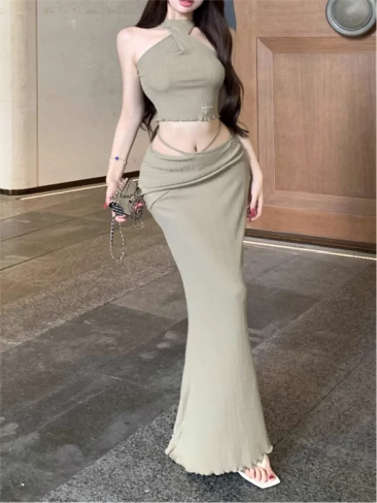 Conjuntos de dos piezas de punto ajustados para chica picante, camisola corta ajustada con cordones en la espalda, Top y falda larga de tubo de cintura baja