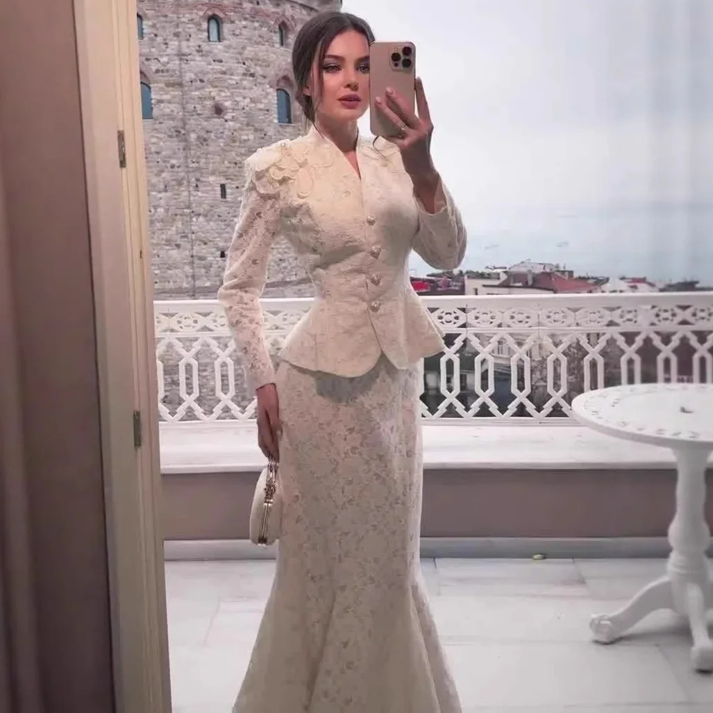 

Autumn New Arrival from Cotton Polyester Fabric Fish Tail Skirt Design Elegant Long Sleeve Long Dress Set Stylish