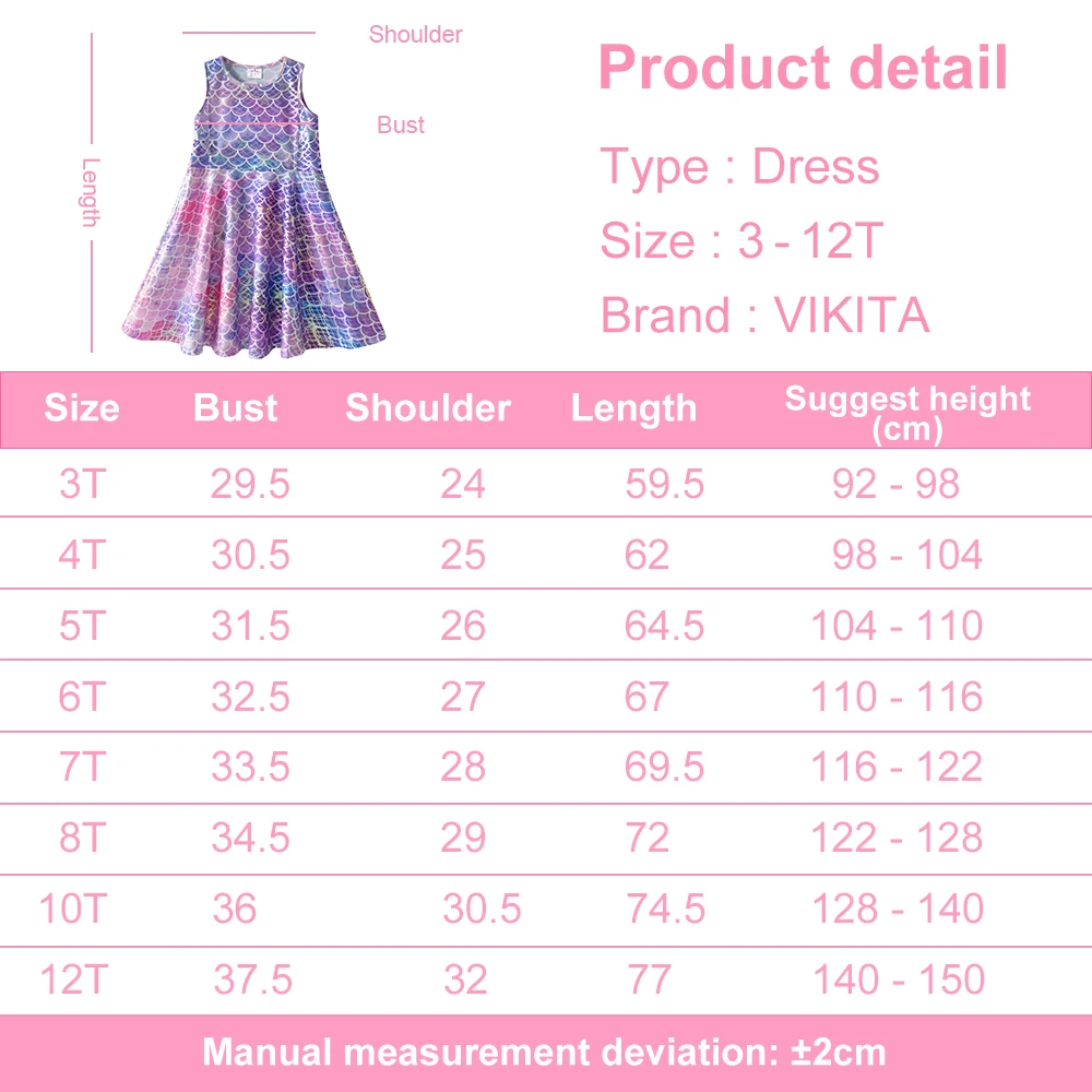 VIKITA Kids Mermaid Print Dress Girls Sleeveless Summer Dresses Girls Casual Daily Polyester Dress Kids Party Princess Dresses