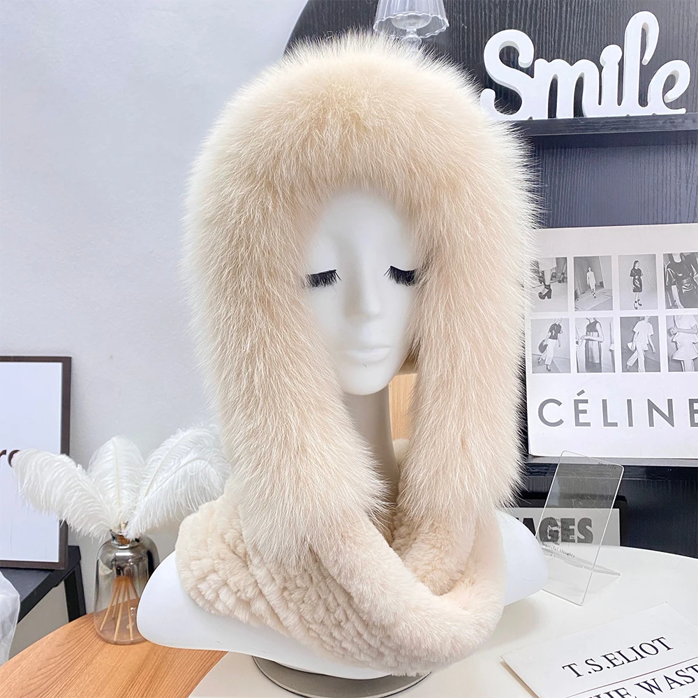 Real Rex Rabbit Fur Hat Women Knitted Hooded Scarf Winter Hats for Woman Fall Cap Warm Natural Fur Hat with Neck Scarves Bonnets