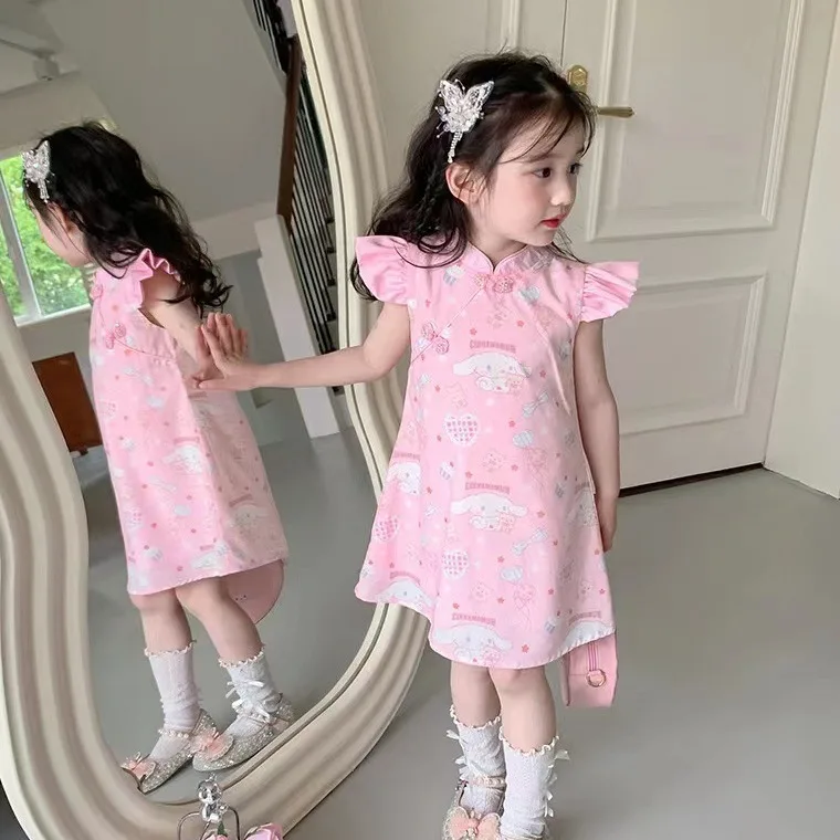 Anime Cinnamoroll Girls' Summer Fashion Sweet Dress Baby Cute Short sleeved Summer Cheongsam Cartoon Children's Slimming Skirt