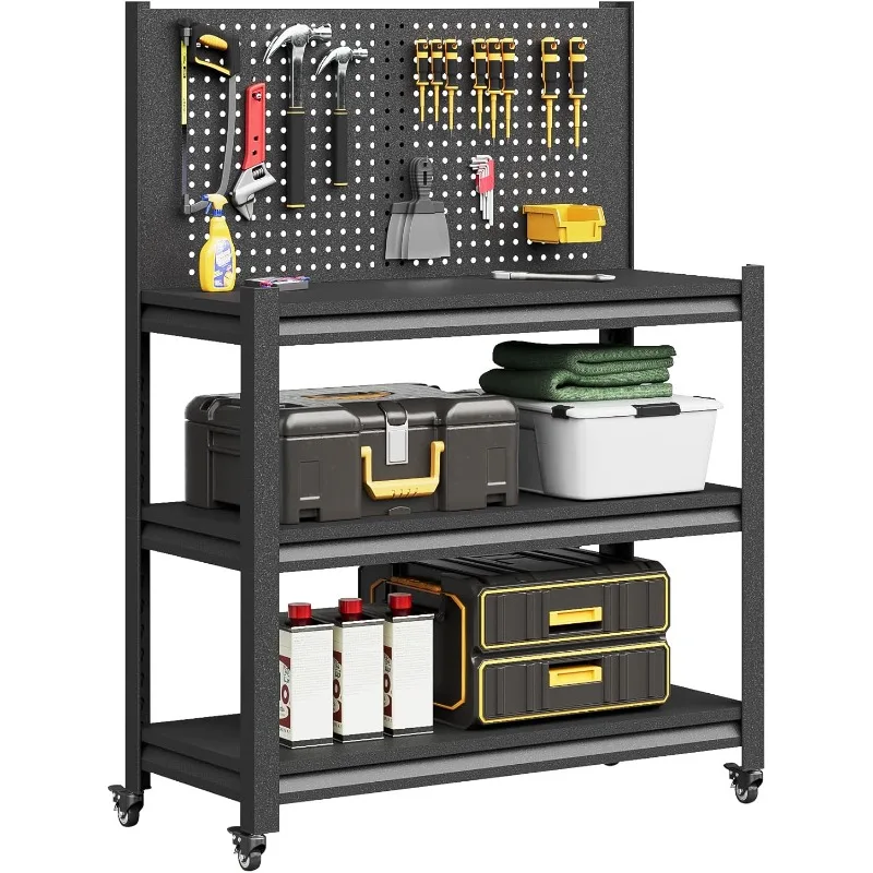 

Workbench with Pegboard, Adjustable Heavy Duty Work Table with Wheels, Heavy Duty Workstation, Metal Tool Work Bench for Garage