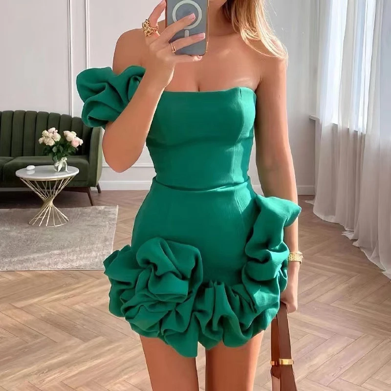 Ladies Sexy Strapless Ruffle Slim Club Dress Elegant Solid Color Flower Bud Party Dress Fashion Sleeveless Irregular Mini Dress