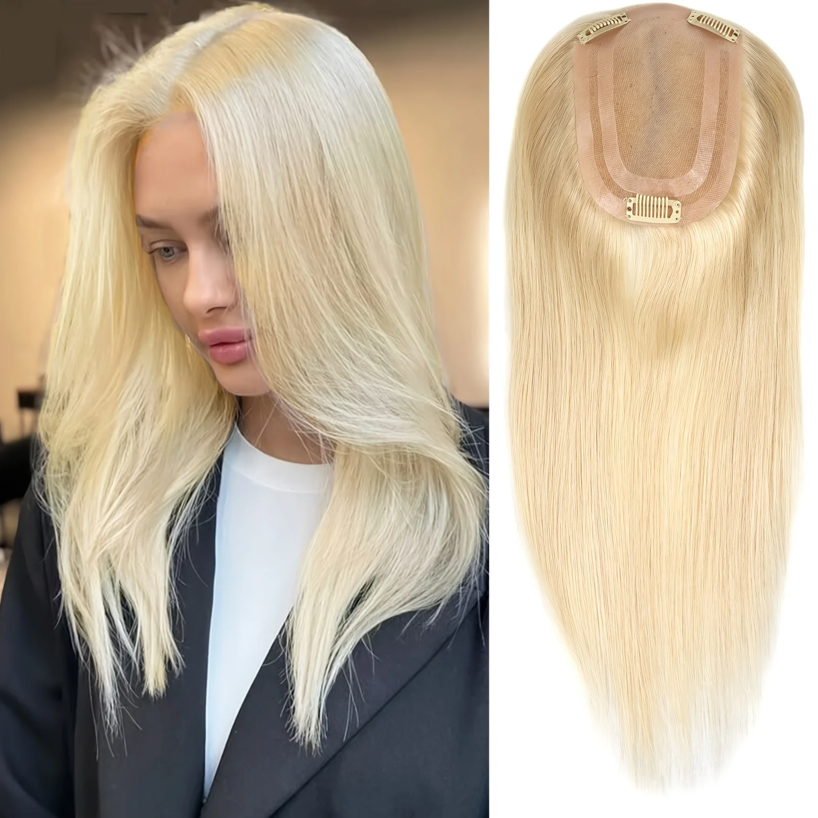 

613 Блондинка, прямой топпер из человеческих волос, 14-дюймовый зажим, полиуретановая основа, без кружева, бесшовный, легко наносится, удаляет, идеально подходит для наращивания париков