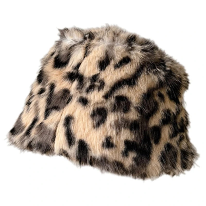 New Leopard Print Fuzzy Bucket Hat Comfortable Hat Travel Camping Skiing Hat for Winter Sports