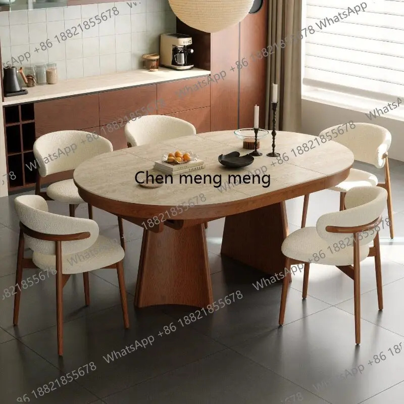 

Medieval retractable dual-purpose solid wood rock slab dining table and chair combination modern simple small apartment folding