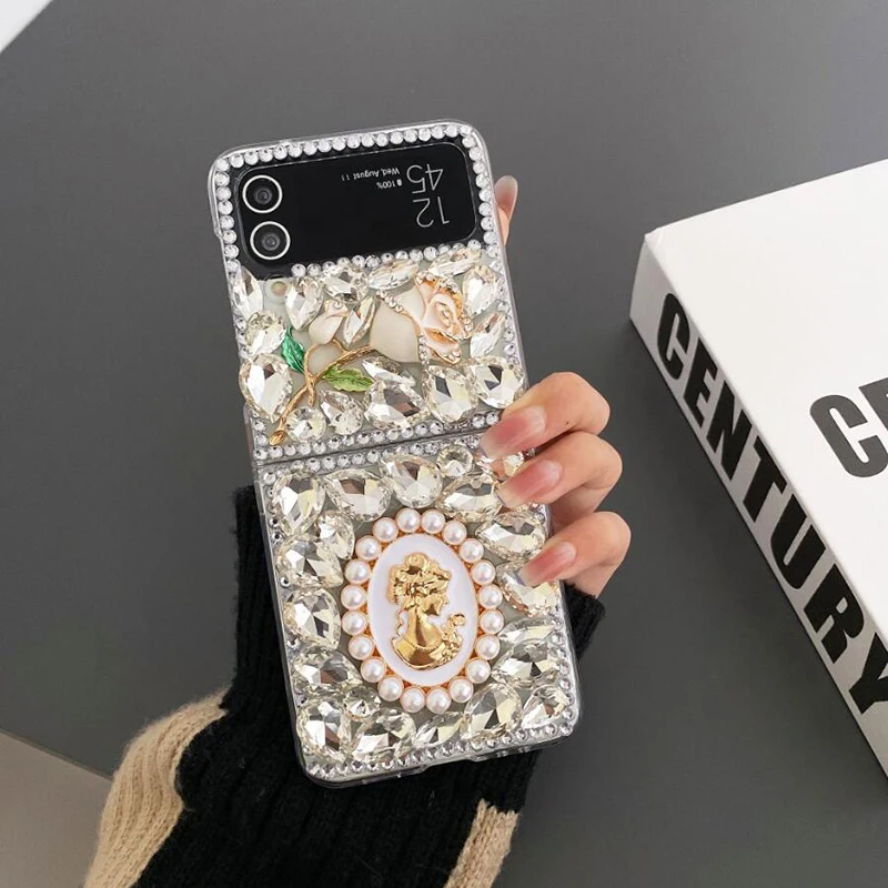 Luxury Rhinestone Rose Flower Phone Case For Samsung Galaxy Z Flip 6 5 4 3 Pearl Goddess Portrait Water Drop Diamond Clear Cover