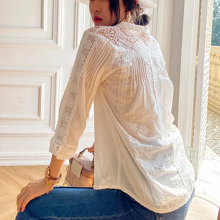 TEELYNN Gypsy Boho Foral Embroidered Lace Blouse Shirts For Women Top 2024 Cotton Vintage Long Sleeve Spring Autumn Ladies Tops