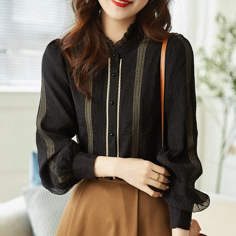 Spring Autumn Elegant Fashion Ruffles Stand Collar Patchwork Shirt Lady Long Sleeve Loose Casual All-match Blouse Femme Cardigan