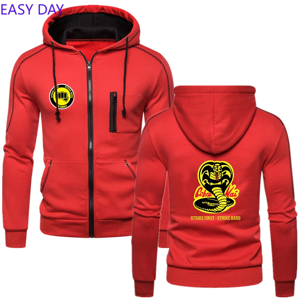 2024 Spring Autumn Men's Cobra Kai Logo Print Solid Color Classic Drawstring Sweatshirt Fashion Long Sleeve Comfortable Hoodies