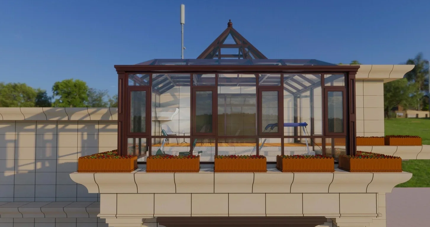 Modern Pagoda Roof Sunroom with Sliding Open Style Waterproof Tempered Glass for Hotels Flat Triangular Outdoor Roof Design