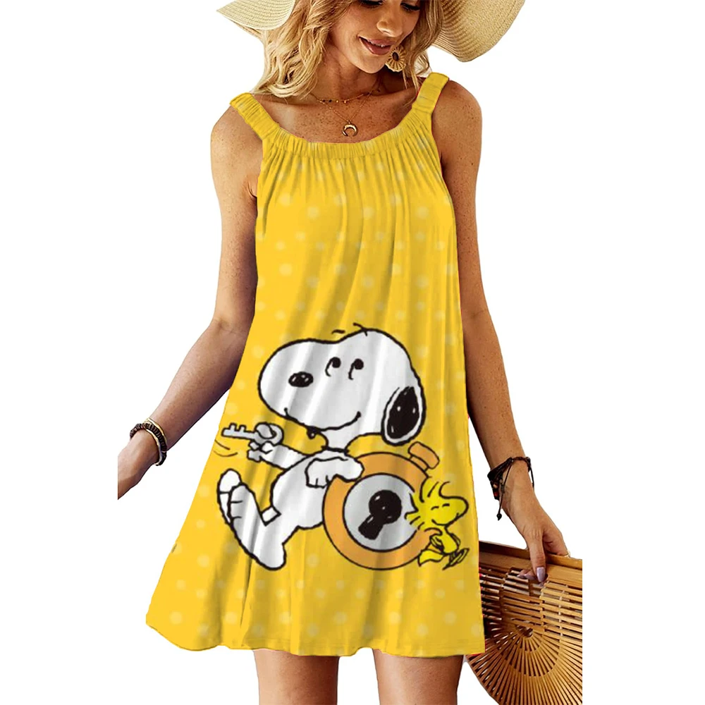 Women's Beach Dresses Snoopy Kawaii 2025 Summer Youthful Woman Clothes Y2k Anime Sanrio Leisure Elegant Chic Dress Boho Sling